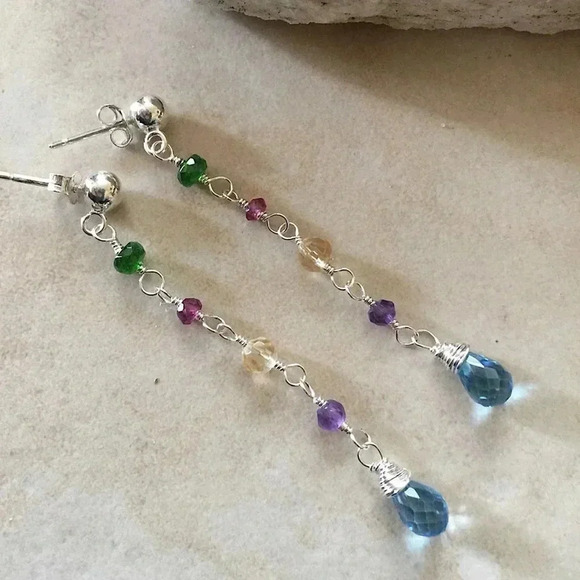 Colorful Earring,Topaz,Citrine,Garnet,Amethyst,Green Apatite,Long Linear Earring - Picture 4 of 6